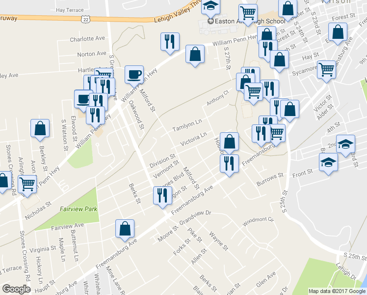 map of restaurants, bars, coffee shops, grocery stores, and more near 2756 Victoria Lane in Easton