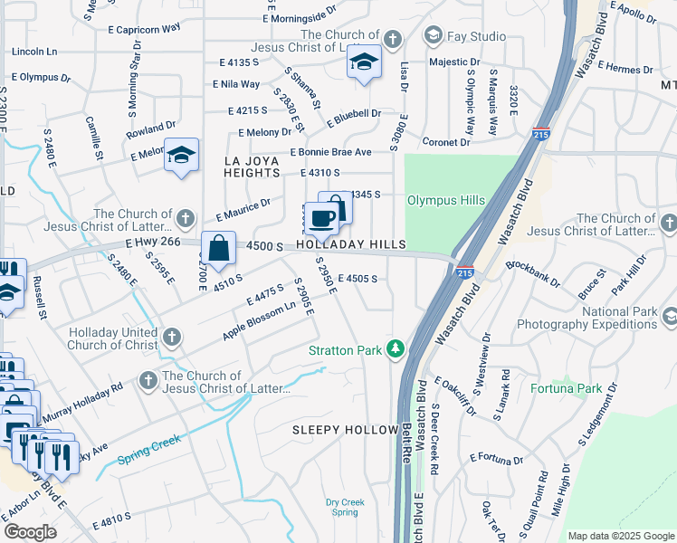 map of restaurants, bars, coffee shops, grocery stores, and more near 2981 East 4505 South in Holladay