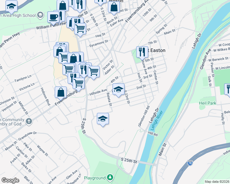 map of restaurants, bars, coffee shops, grocery stores, and more near 2324 2nd Street in Easton