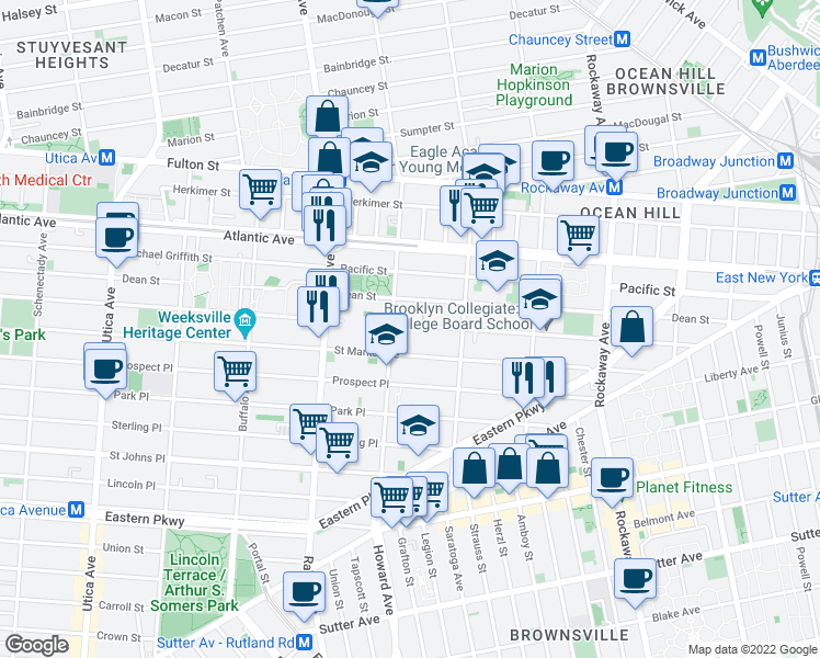 map of restaurants, bars, coffee shops, grocery stores, and more near 1888 Bergen Street in Brooklyn