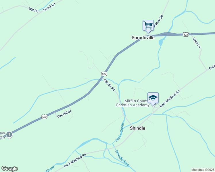 map of restaurants, bars, coffee shops, grocery stores, and more near 206 Shindle Road in McClure