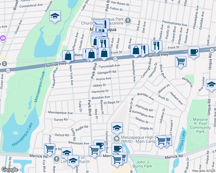map of restaurants, bars, coffee shops, grocery stores, and more near 137 Harmony Drive in Massapequa Park