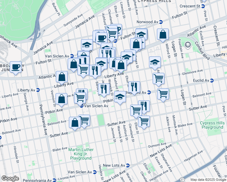 map of restaurants, bars, coffee shops, grocery stores, and more near 344 Ashford Street in Brooklyn