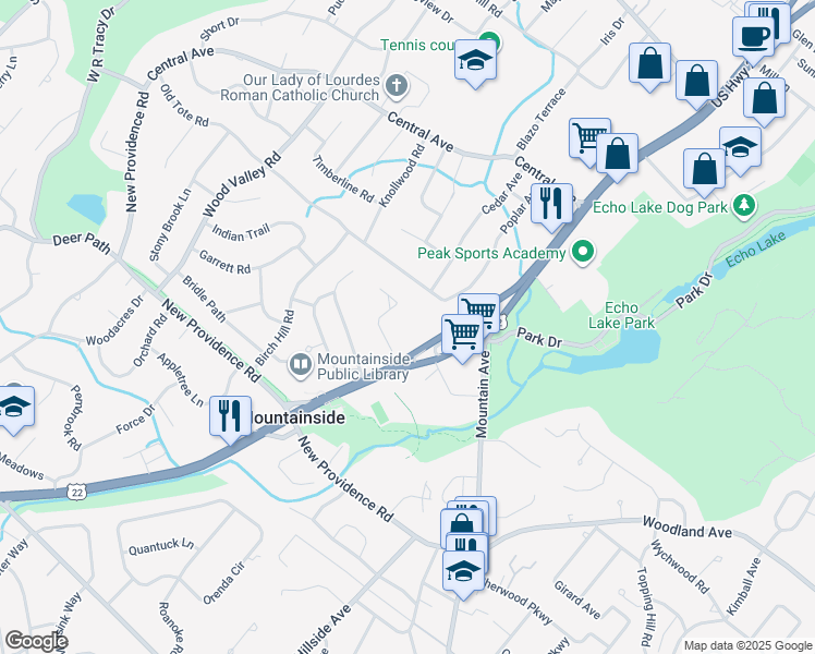 map of restaurants, bars, coffee shops, grocery stores, and more near 1350 U.S. 22 in Mountainside