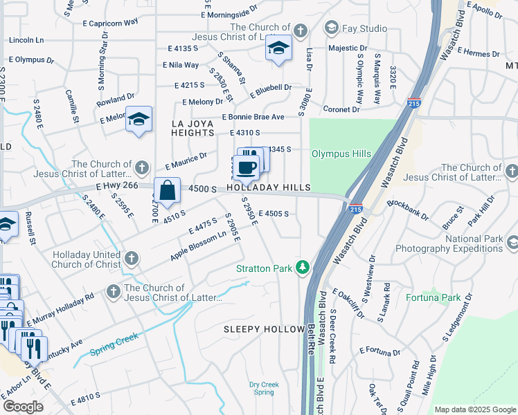 map of restaurants, bars, coffee shops, grocery stores, and more near 2981 East 4505 South in Holladay