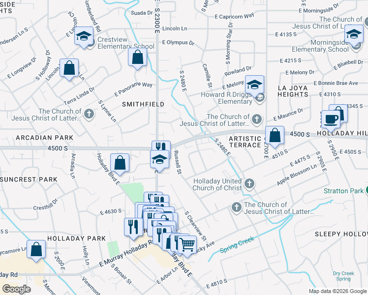 map of restaurants, bars, coffee shops, grocery stores, and more near 2393 Briarcreek Drive in Holladay