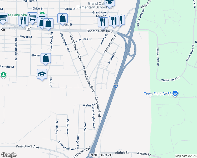 map of restaurants, bars, coffee shops, grocery stores, and more near 2092 Allan Street in Shasta Lake