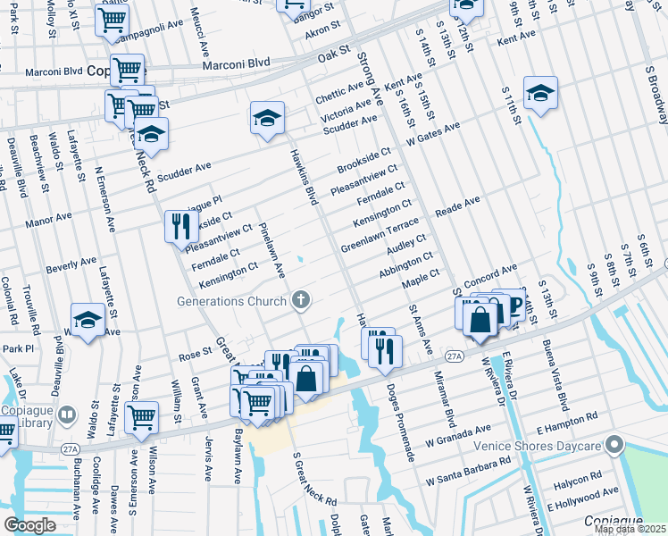 map of restaurants, bars, coffee shops, grocery stores, and more near 515 Hawkins Boulevard in Copiague