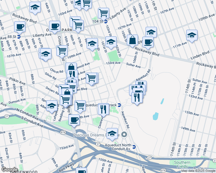 map of restaurants, bars, coffee shops, grocery stores, and more near 97-31 135th Road in Queens