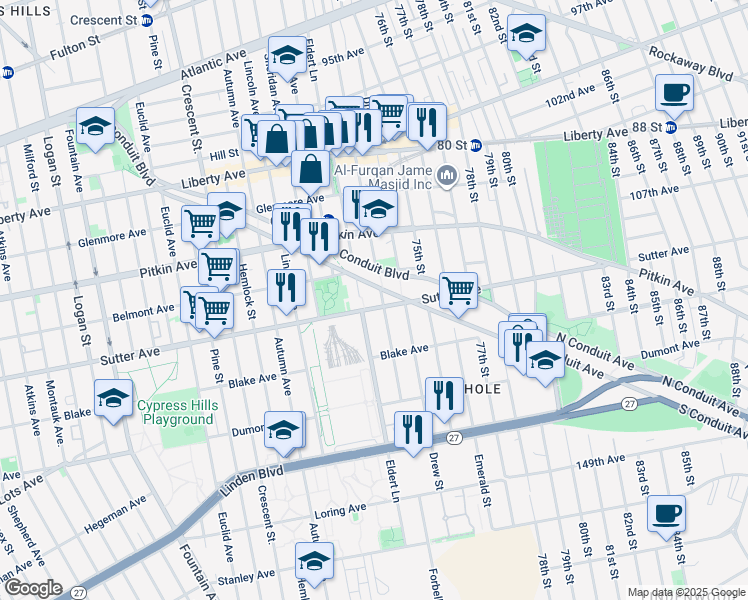 map of restaurants, bars, coffee shops, grocery stores, and more near 1482 Sutter Avenue in Brooklyn