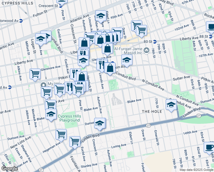 map of restaurants, bars, coffee shops, grocery stores, and more near 326 Sheridan Avenue in Brooklyn