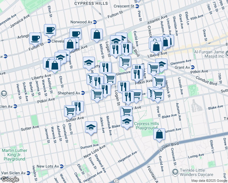 map of restaurants, bars, coffee shops, grocery stores, and more near 227 Milford Street in Brooklyn