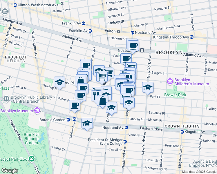 map of restaurants, bars, coffee shops, grocery stores, and more near 78 Rogers Avenue in Brooklyn