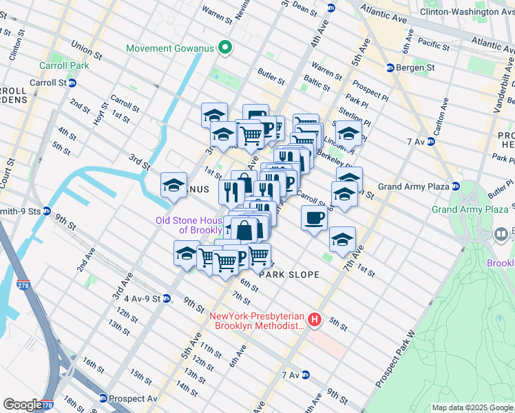 map of restaurants, bars, coffee shops, grocery stores, and more near 296 1st Street in Brooklyn