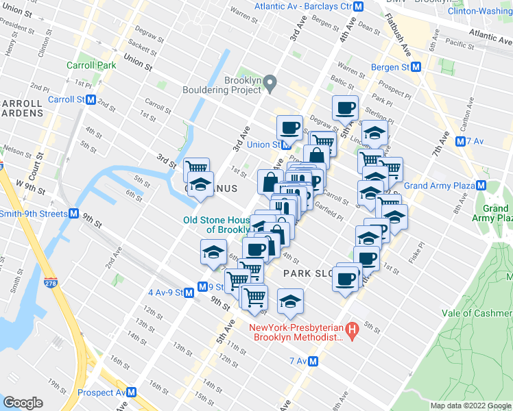 map of restaurants, bars, coffee shops, grocery stores, and more near 320 2nd Street in Brooklyn