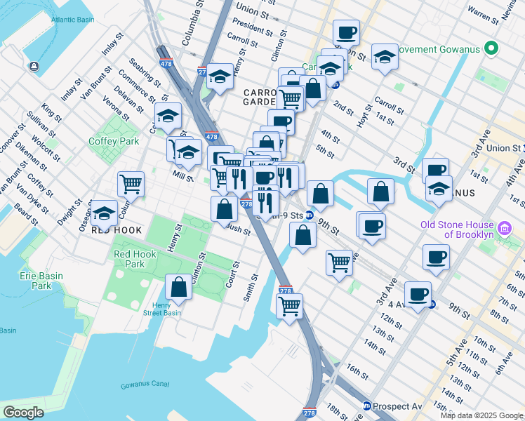 map of restaurants, bars, coffee shops, grocery stores, and more near 529 Court Street in Brooklyn