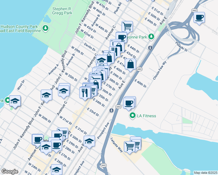 map of restaurants, bars, coffee shops, grocery stores, and more near 40 East 37th Street in Bayonne
