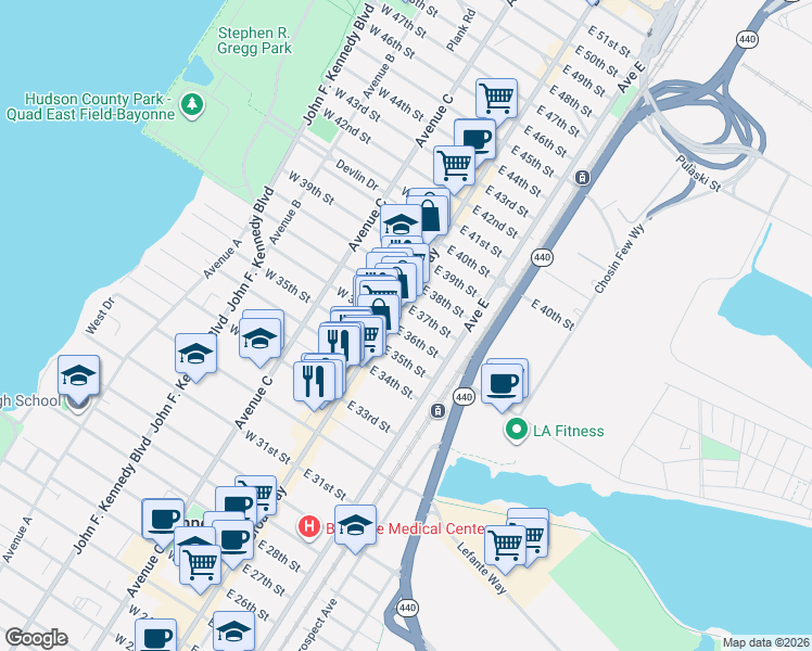 map of restaurants, bars, coffee shops, grocery stores, and more near 12 East 36th Street in Bayonne