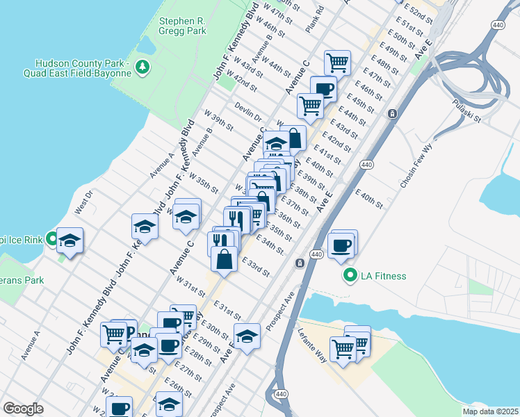 map of restaurants, bars, coffee shops, grocery stores, and more near 12 West 35th Street in Bayonne