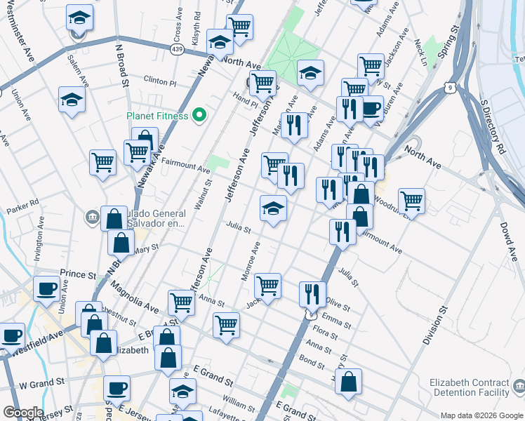 map of restaurants, bars, coffee shops, grocery stores, and more near 577 Monroe Avenue in Elizabeth
