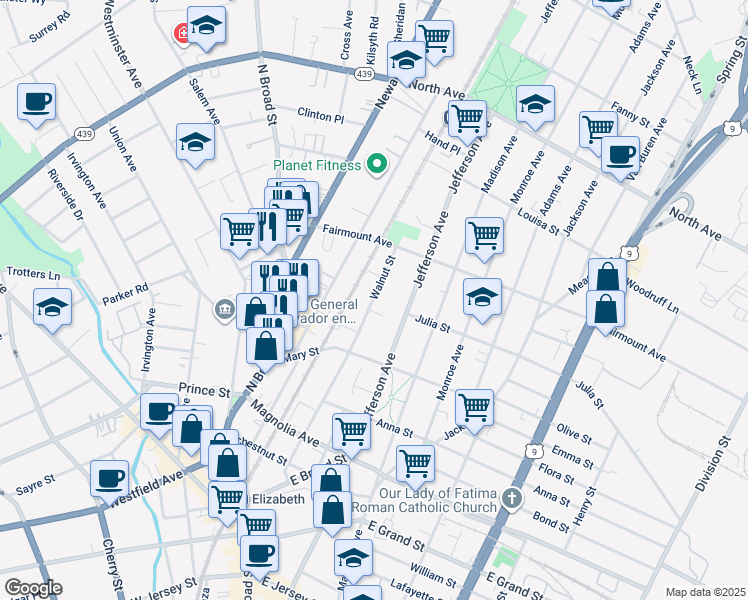 map of restaurants, bars, coffee shops, grocery stores, and more near 545 Walnut Street in Elizabeth