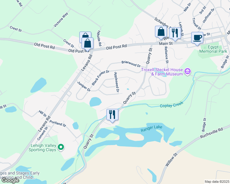map of restaurants, bars, coffee shops, grocery stores, and more near 2293 Red Maple Drive in Coplay