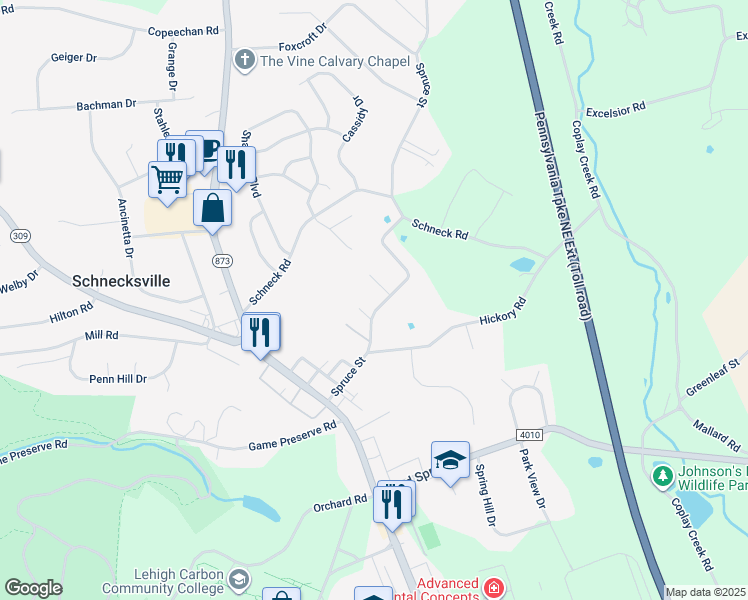 map of restaurants, bars, coffee shops, grocery stores, and more near 4826 Spruce Street in Schnecksville
