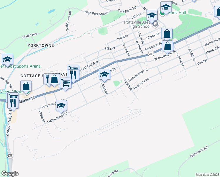 map of restaurants, bars, coffee shops, grocery stores, and more near 2064 Mahantongo Street in Pottsville