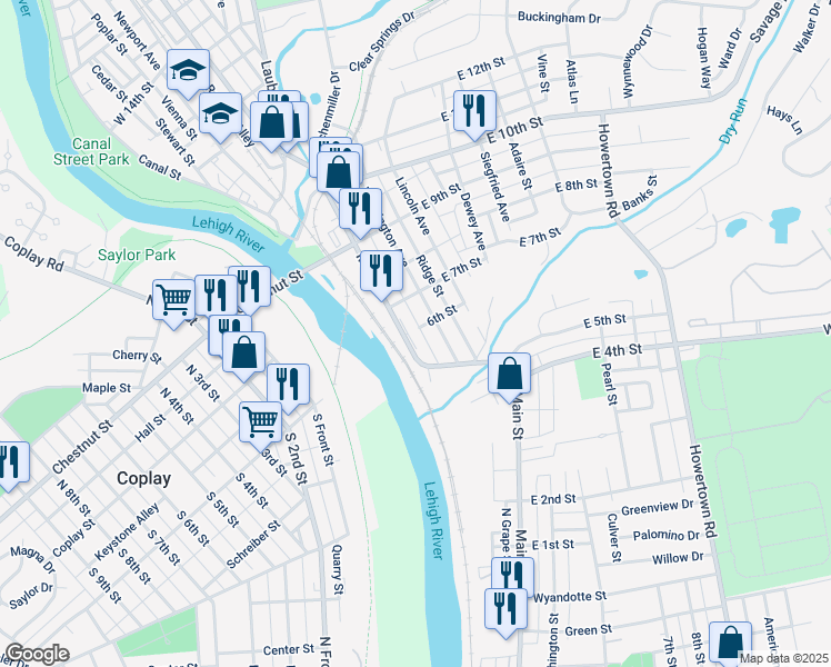 map of restaurants, bars, coffee shops, grocery stores, and more near Main Street in Bethlehem