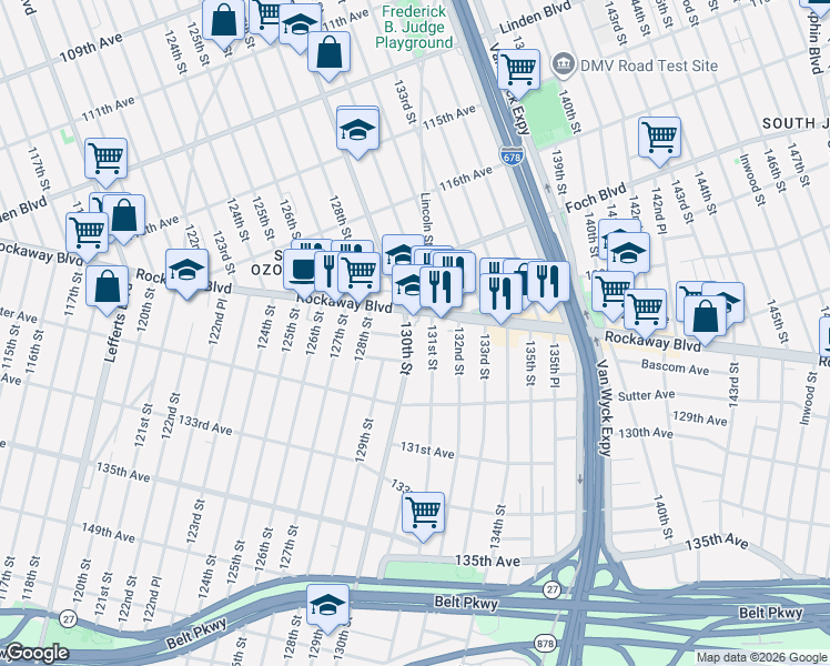 map of restaurants, bars, coffee shops, grocery stores, and more near 120-26 131st Street in Queens