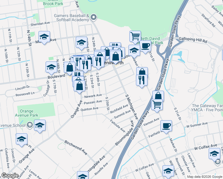 map of restaurants, bars, coffee shops, grocery stores, and more near 649 Newark Avenue in Kenilworth