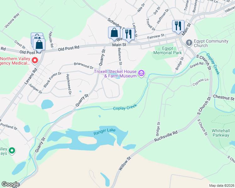 map of restaurants, bars, coffee shops, grocery stores, and more near 4130 Redbud Drive East in Lehigh County