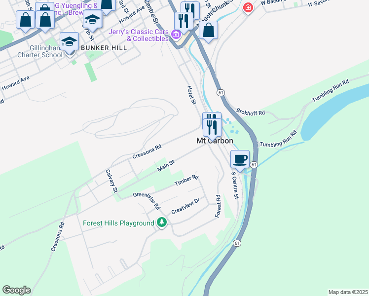 map of restaurants, bars, coffee shops, grocery stores, and more near 72 Main Street in Pottsville