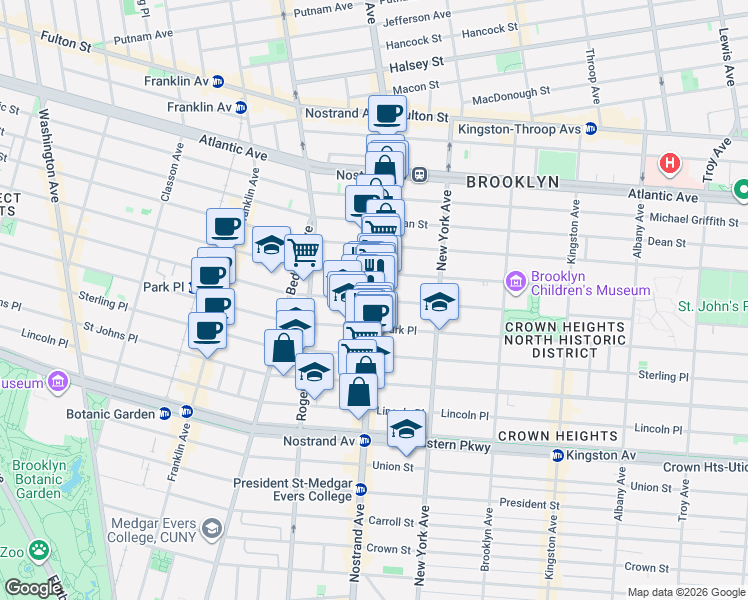 map of restaurants, bars, coffee shops, grocery stores, and more near Nostrand Ave & Prospect Pl in Brooklyn