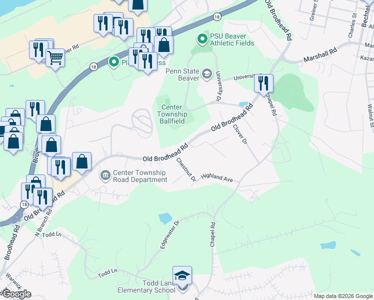 map of restaurants, bars, coffee shops, grocery stores, and more near 1626 Old Brodhead Road in Monaca