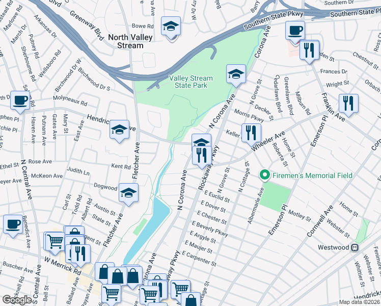 map of restaurants, bars, coffee shops, grocery stores, and more near 36 North Corona Avenue in Valley Stream