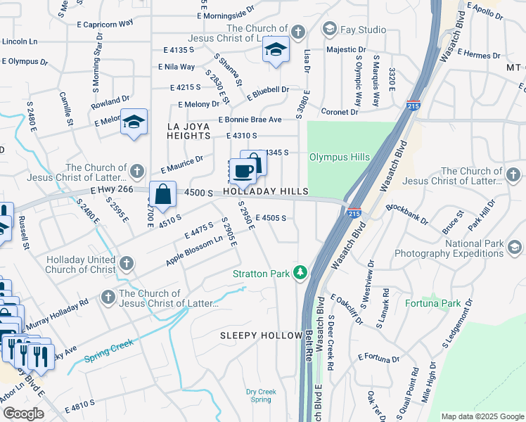 map of restaurants, bars, coffee shops, grocery stores, and more near 2981 East 4505 South in Holladay