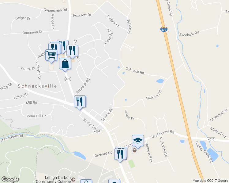 map of restaurants, bars, coffee shops, grocery stores, and more near 4826 Spruce Street in Schnecksville
