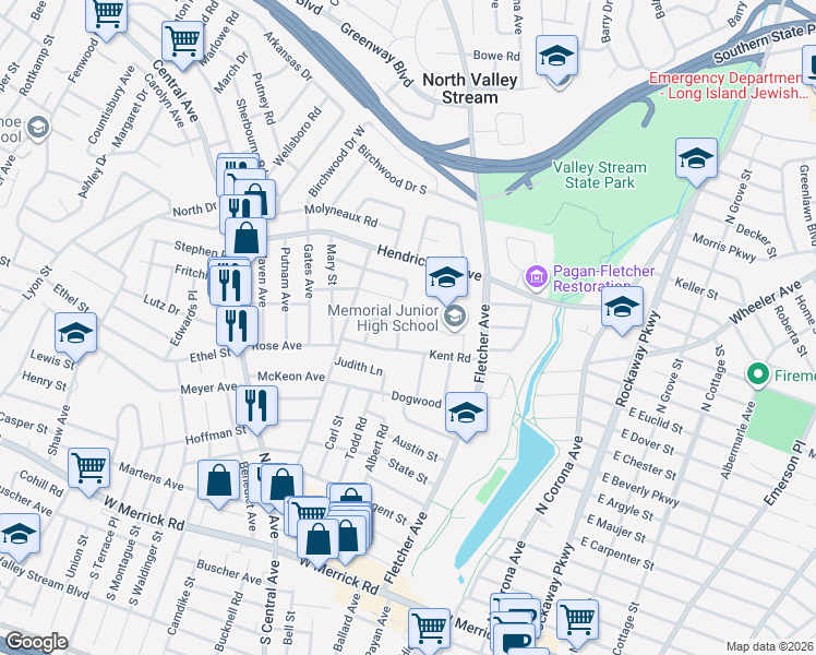 map of restaurants, bars, coffee shops, grocery stores, and more near 58 Sprague Drive in Valley Stream