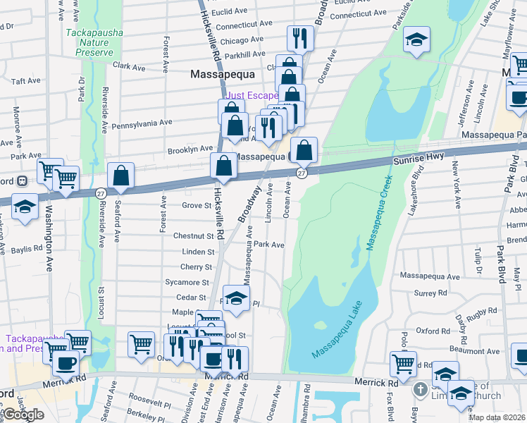 map of restaurants, bars, coffee shops, grocery stores, and more near 51 Lincoln Avenue in Massapequa