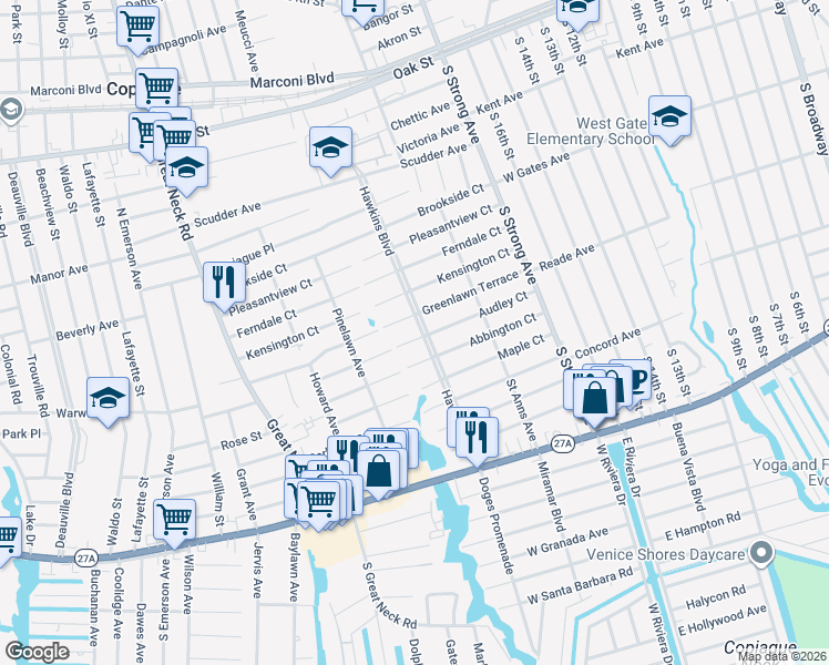 map of restaurants, bars, coffee shops, grocery stores, and more near 515 Hawkins Boulevard in Copiague