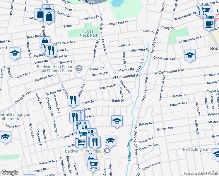map of restaurants, bars, coffee shops, grocery stores, and more near 1492 Prince Street in Baldwin