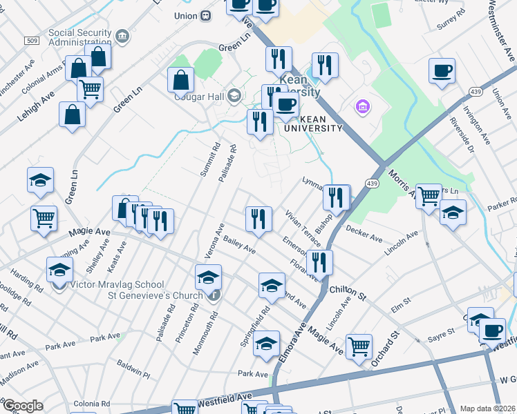 map of restaurants, bars, coffee shops, grocery stores, and more near 809 Emerson Avenue in Elizabeth