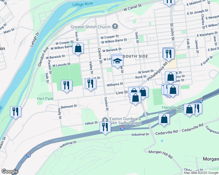 map of restaurants, bars, coffee shops, grocery stores, and more near 605 Line Street in Easton