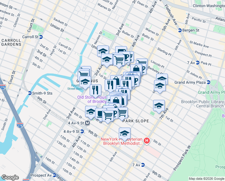 map of restaurants, bars, coffee shops, grocery stores, and more near 2nd Street in Brooklyn
