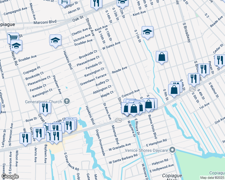 map of restaurants, bars, coffee shops, grocery stores, and more near 318 Maple Court in Copiague