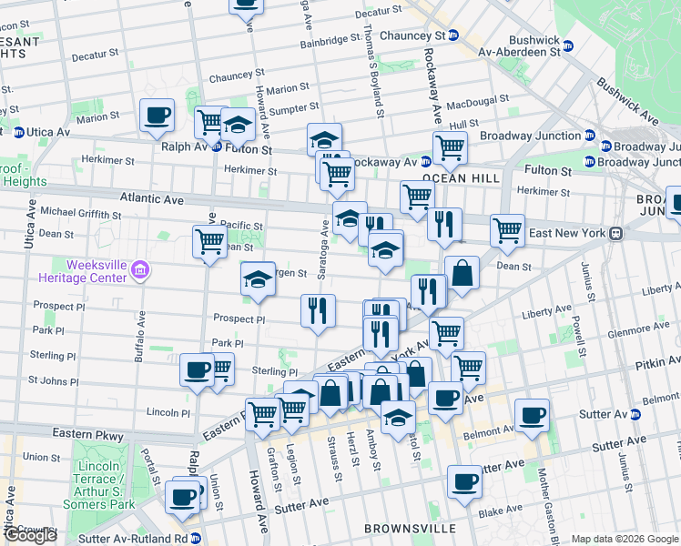 map of restaurants, bars, coffee shops, grocery stores, and more near 1976 Bergen Street in Brooklyn