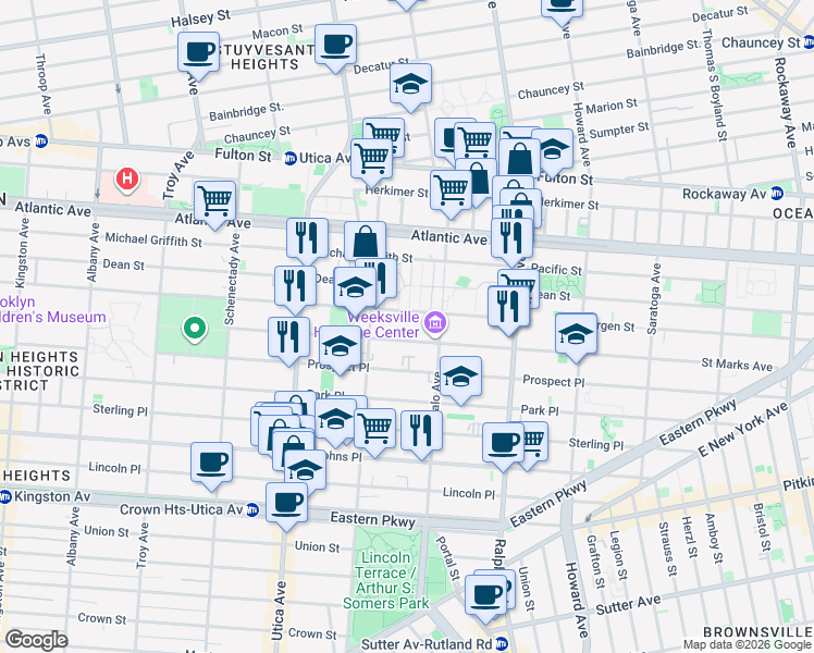 map of restaurants, bars, coffee shops, grocery stores, and more near 1291 Saint Marks Avenue in Brooklyn