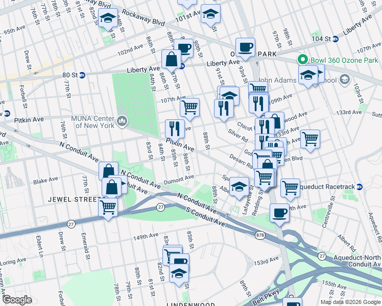 map of restaurants, bars, coffee shops, grocery stores, and more near 133-16 87th Street in Queens