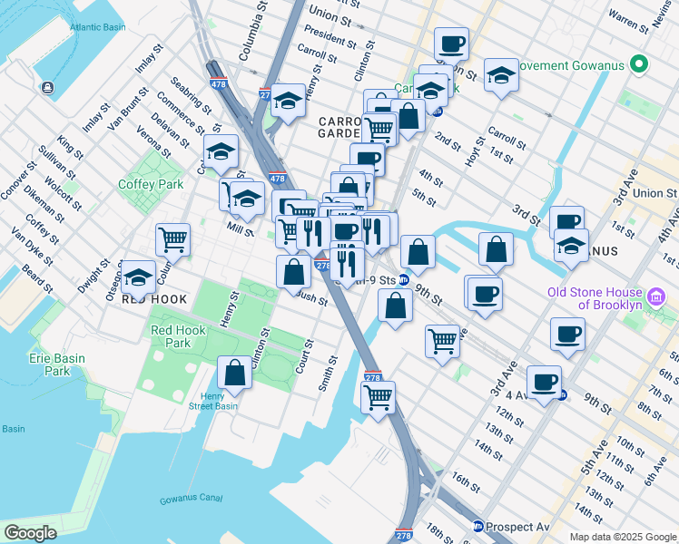 map of restaurants, bars, coffee shops, grocery stores, and more near 529 Court Street in Brooklyn